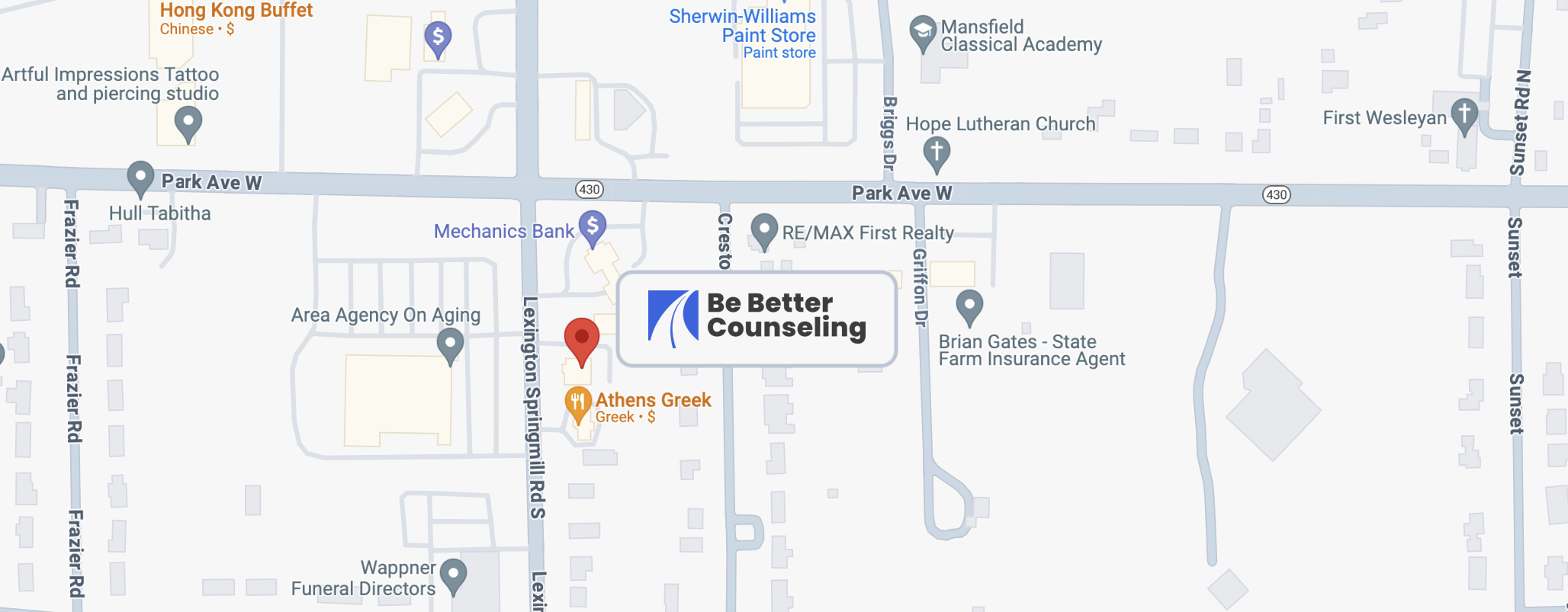 Map showing location of Be Better Counseling in Mansfield, Ohio